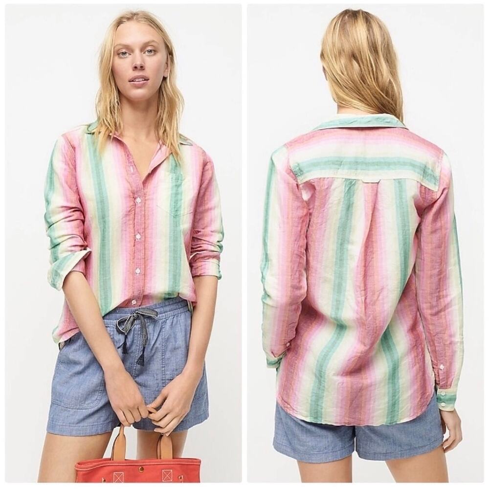 J.Crew Striped Linen Cotton Button Front Shirt Pink Green Size 10
